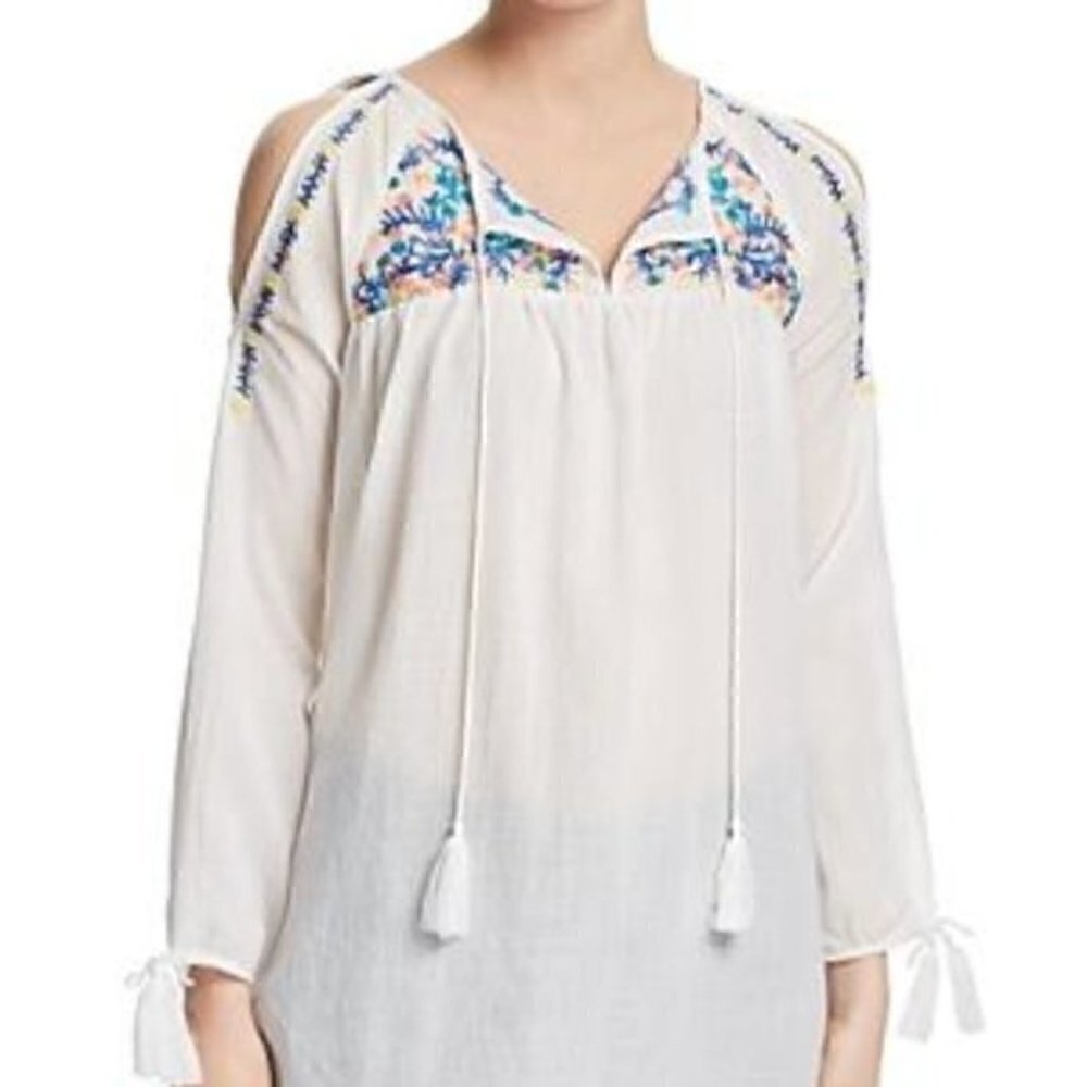 NWT AQUA White Relaxed Embroidered Long Sleeve Top
